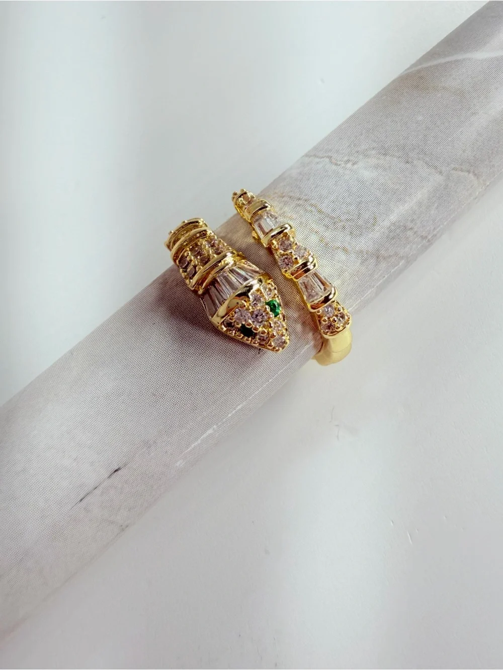 Gold Serpent-Style Ring with  Green Crystal Accents